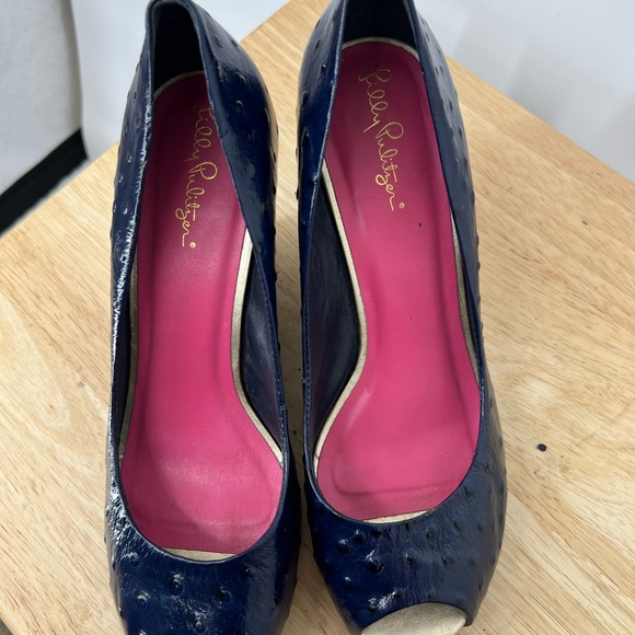 LILLY PULITZER CORK wedge blue leather peep toe heels women’s shoes size 8 1/2 - Picture 9 of 9